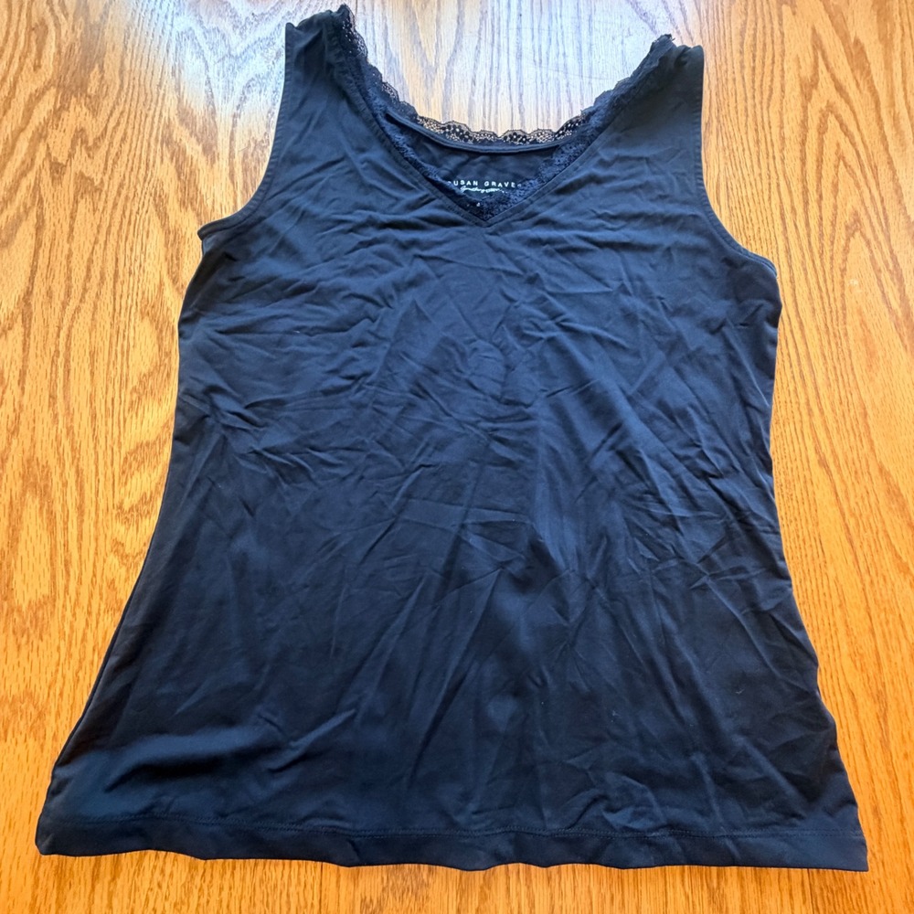 Susan Graver Tank Top Women M Black Smoothing Lace Trim Stretch Minimalist Indie